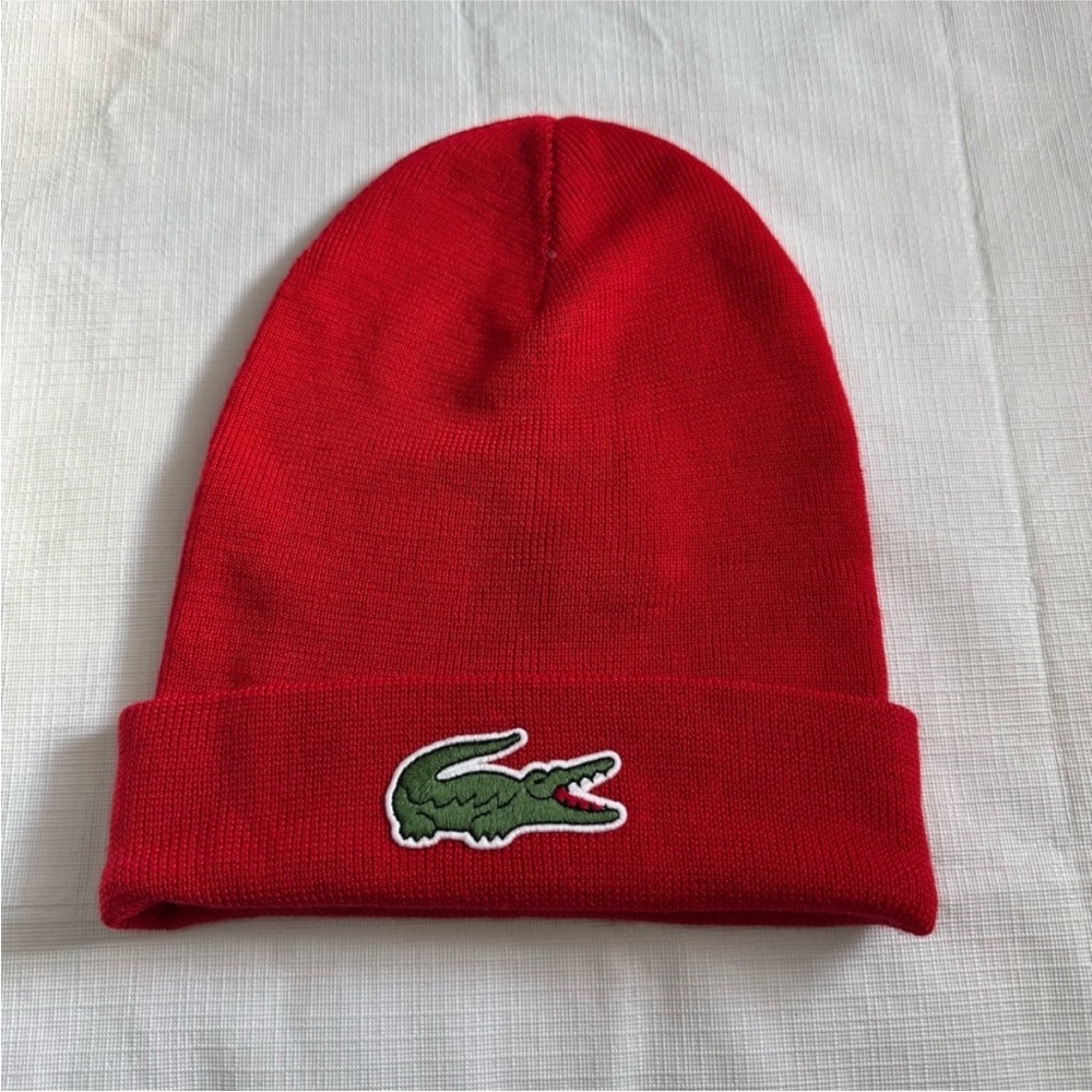 Lacoste Red Knit Hat with Iconic Crocodile Logo - Picture 1 of 5